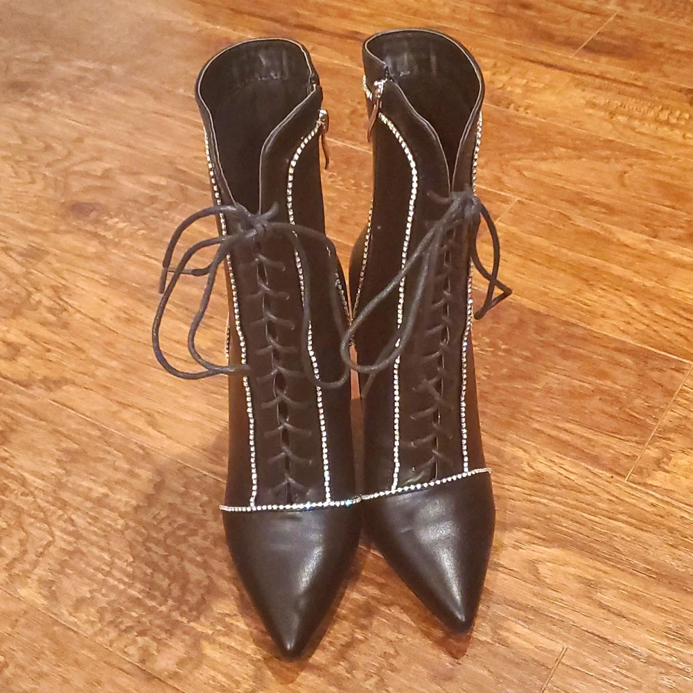 Azalea Wang Faux Leather Rhinestone High Heel Booties - Picture 5 of 6